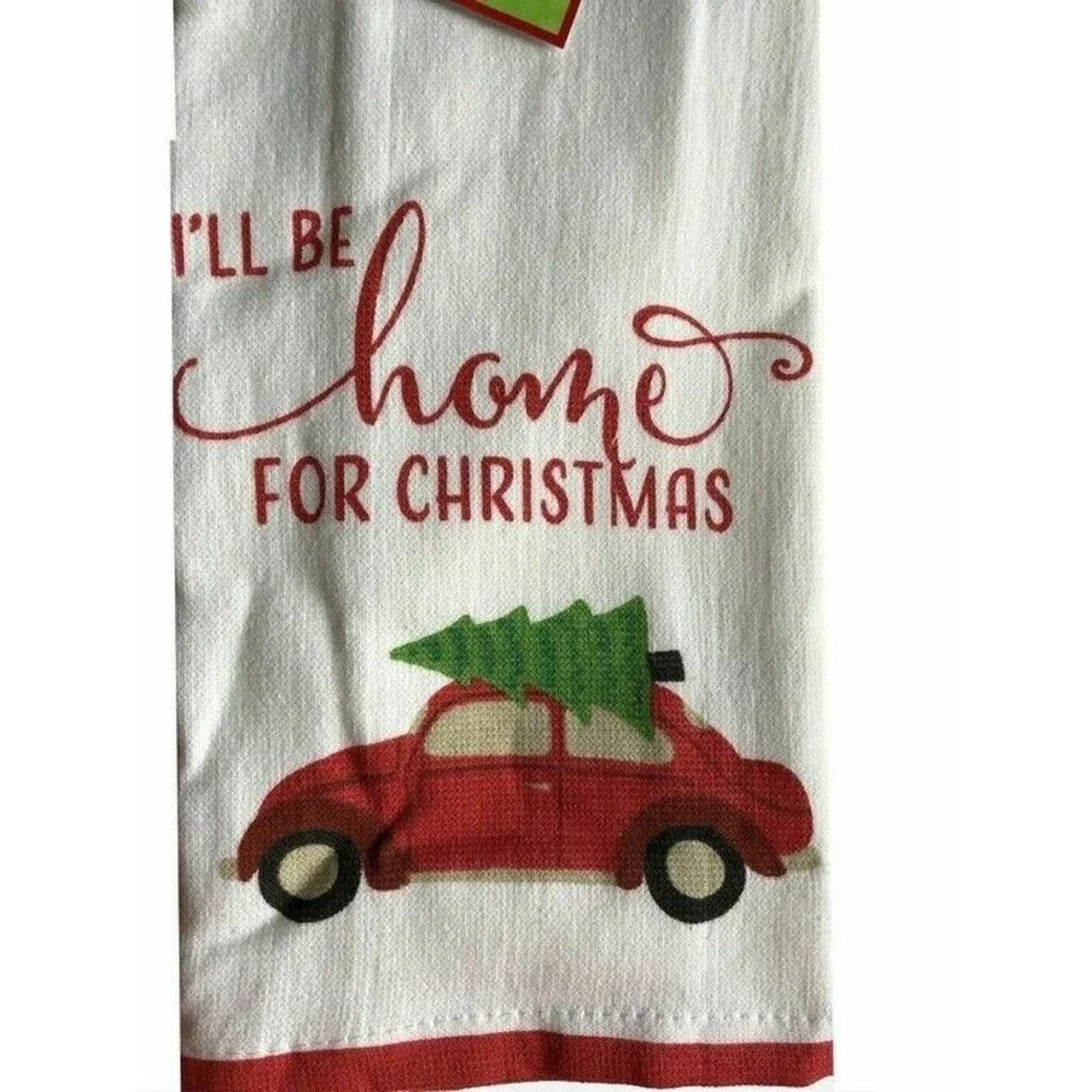 Car Bus Bug Kitchen Dish Towels 100% Cotton Set of 2 I'll Be Home for Christmas